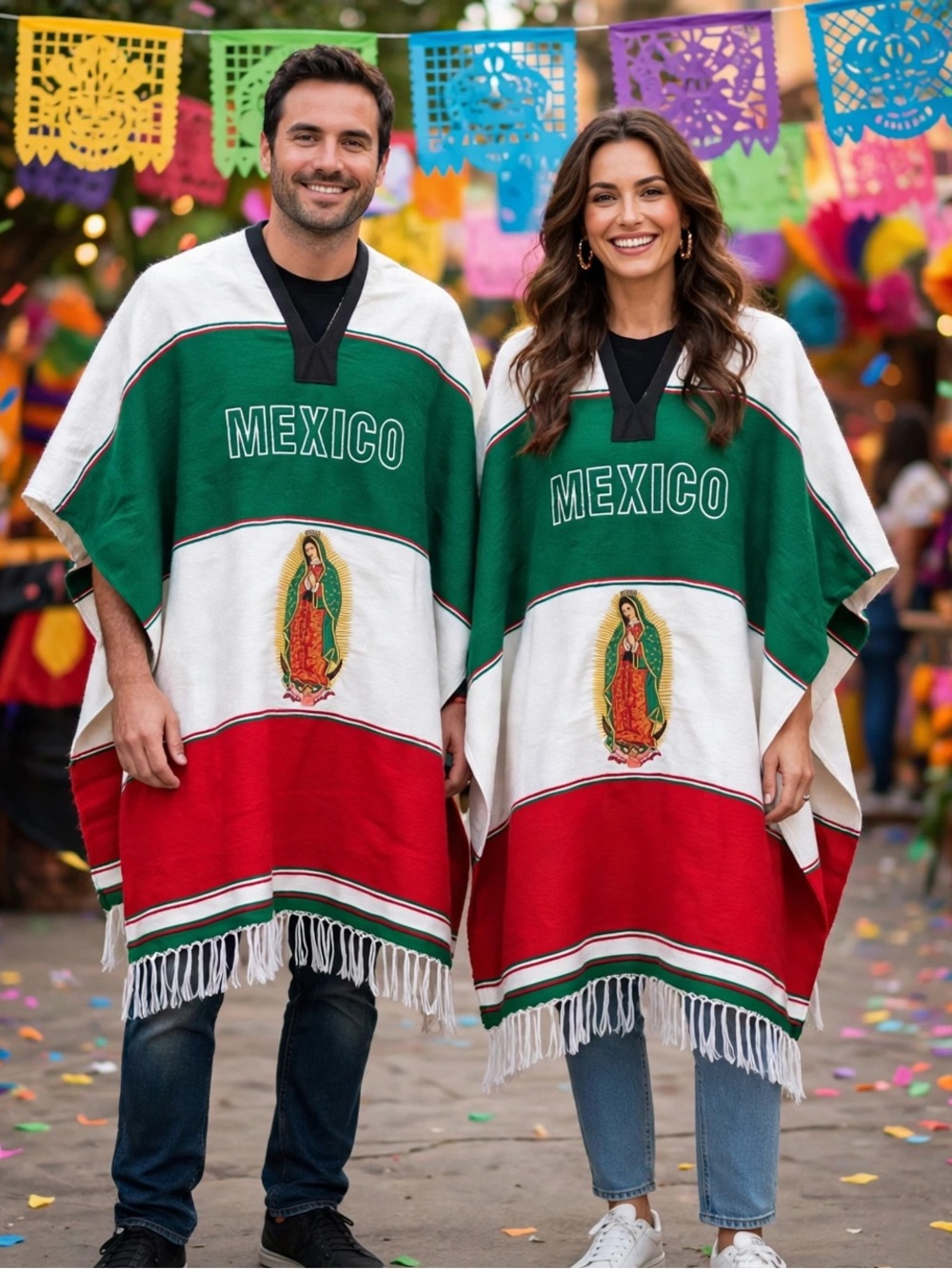 Mexico Green White Red Serape with Virgin of Guadalupe Embroidery -